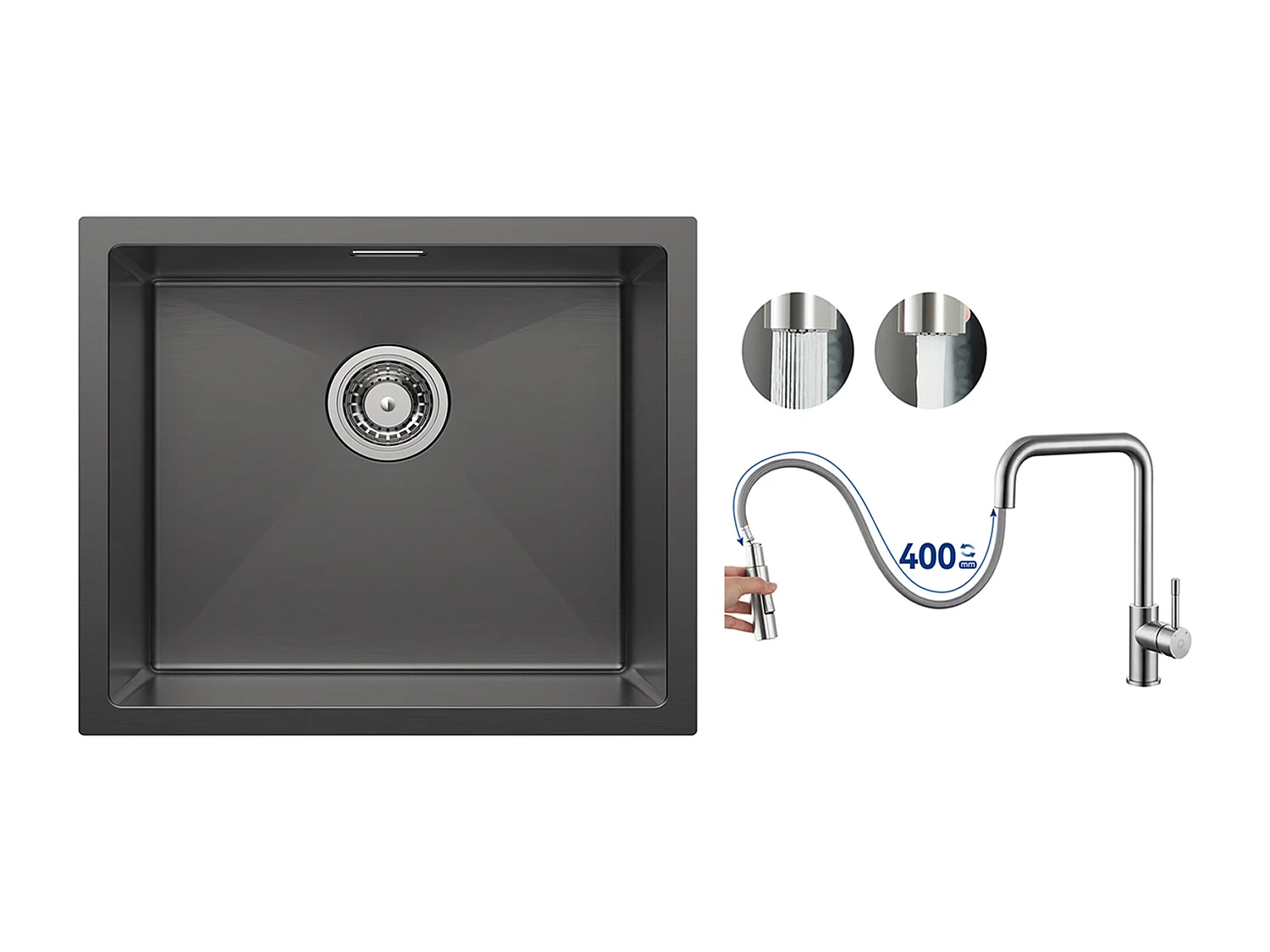 CECIPA MAX keukenspoelbak 1 bak roestvrijstalen spoelbak 50*44CM antraciet zwart + mengkraan met uittrekbare spray, geborsteld