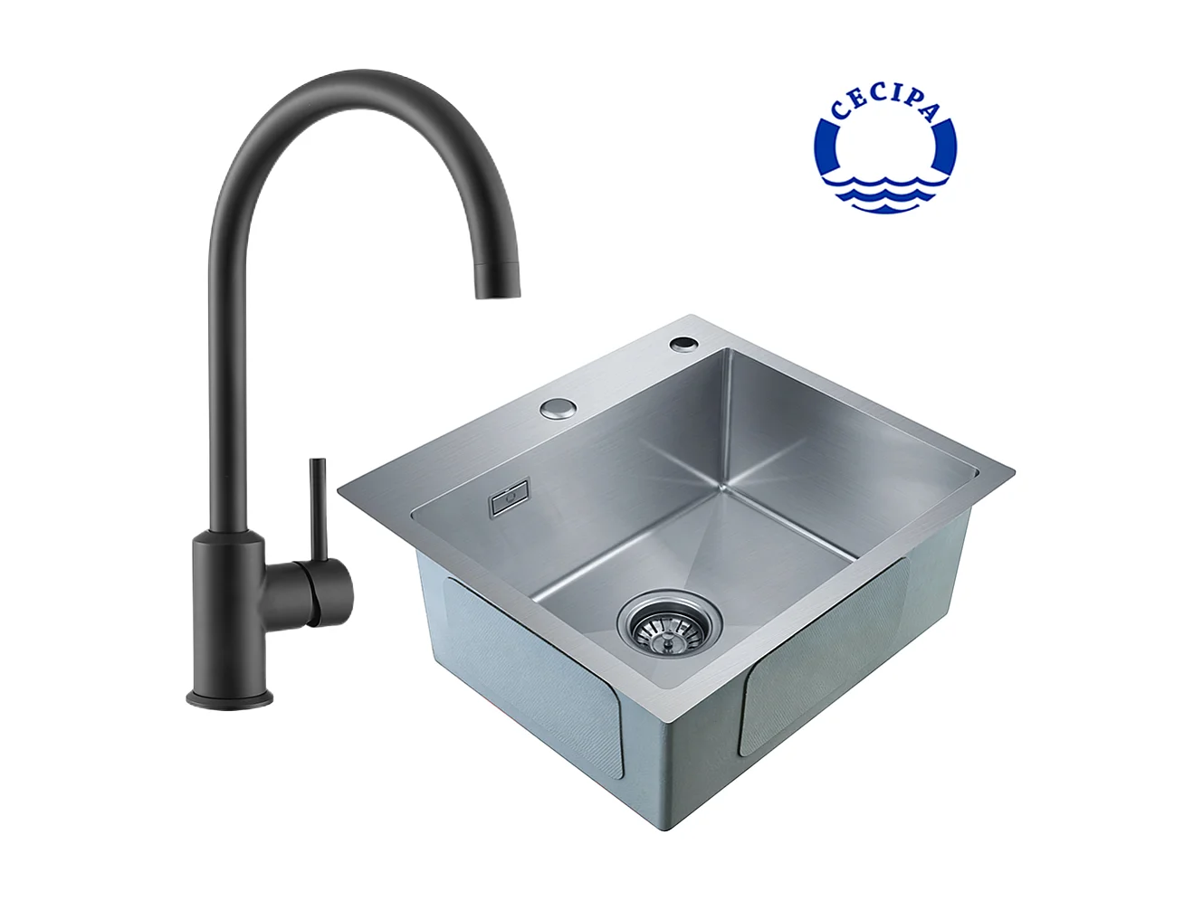 Cecipa max 2-in-1-Spüle, 1 Becken, quadratische Küchenspüle aus gebürstetem Edelstahl, 50 x 45 x 18,5 cm + schwarzer Küchenhahn