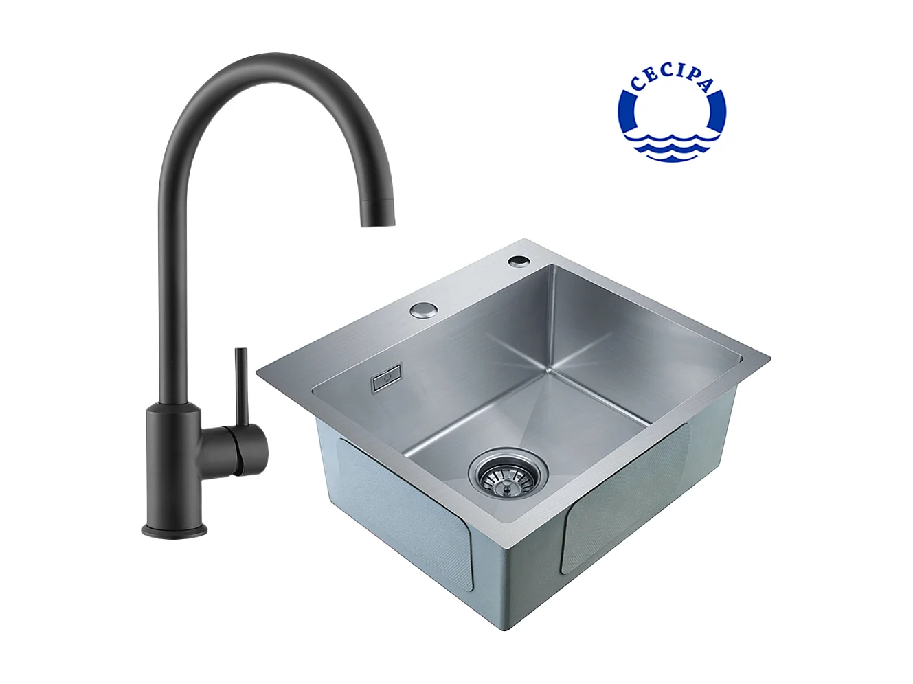 Cecipa max Fregadero 2 en 1 Fregadero de Cocina Cuadrado de Acero Inoxidable Cepillado de 1 Seno 50 * 45 * 18,5 cm + Grifo de Cocina Negro