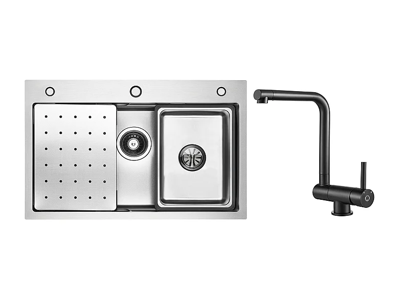 Lavello a 1 vasca 70×45×21,5 cm Lavello in acciaio inossidabile argento con gocciolatoio, vasca, dispenser di sapone + miscelatore da cucina pieghevole nero