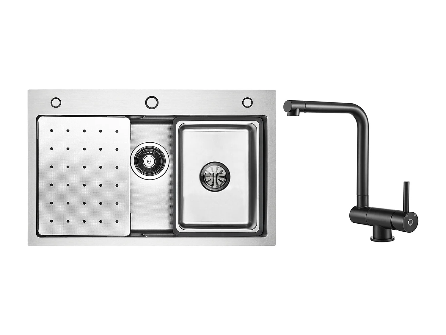 Lavello a 1 vasca 70×45×21,5 cm Lavello in acciaio inossidabile argento con gocciolatoio, vasca, dispenser di sapone + miscelatore da cucina pieghevole nero