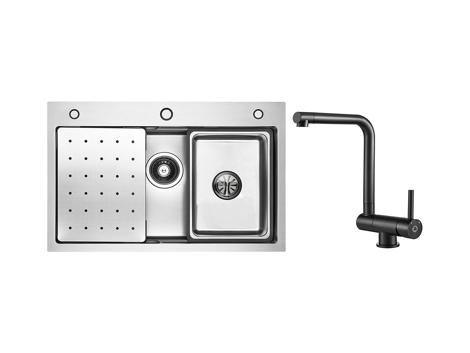 Évier 1 Bac 70×45×21.5CM Évier Inox Argent avec Egouttoir,Vasque, Distributeur de Savon + Mitigeur de Cuisine Rabattable Noir