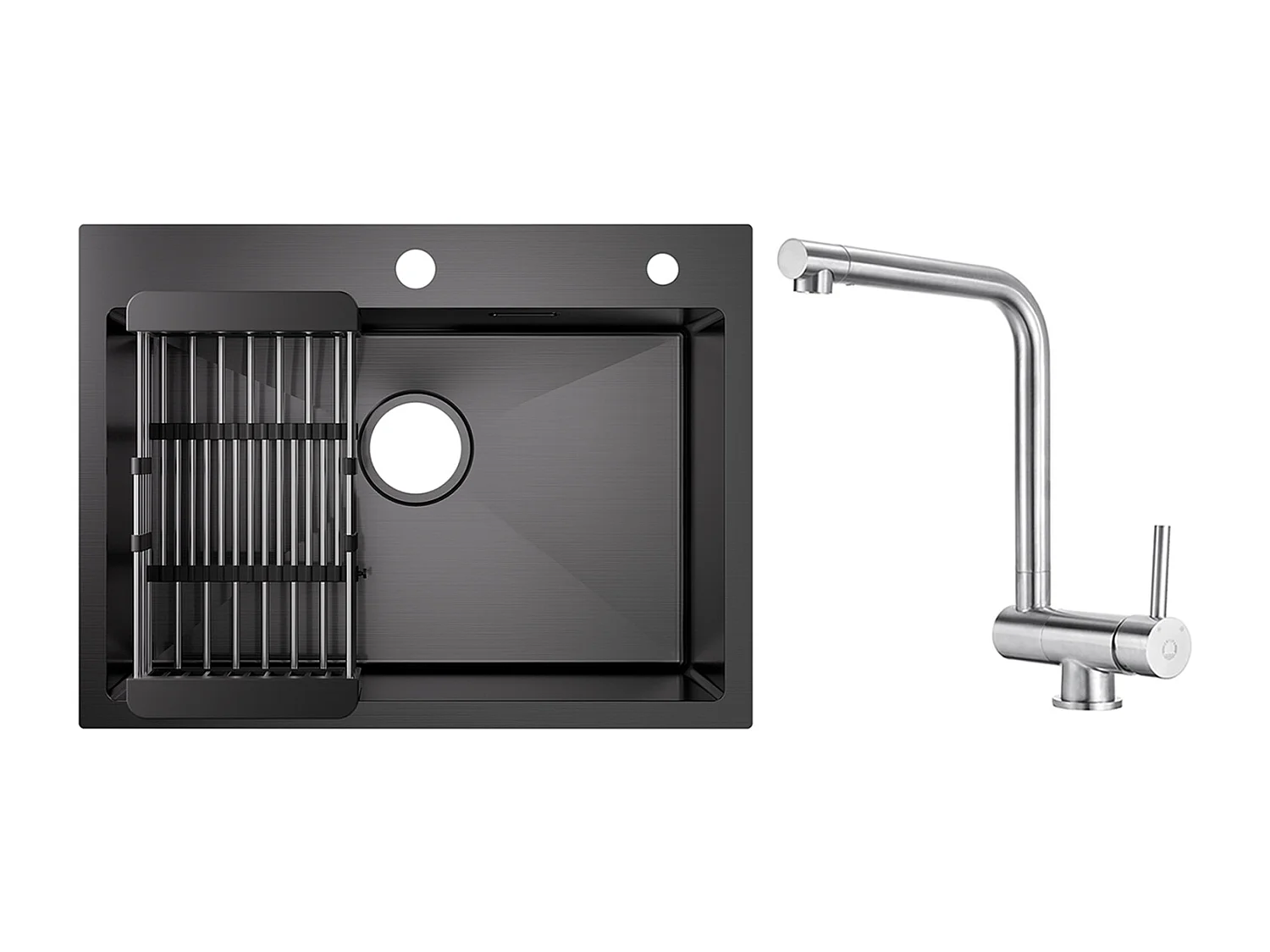 Évier Cuisine 1 Bac 60×45×18CM Évier Inox Noir avec Panier de Drainage + Mitigeur de Cuisine Rabattable Brossé