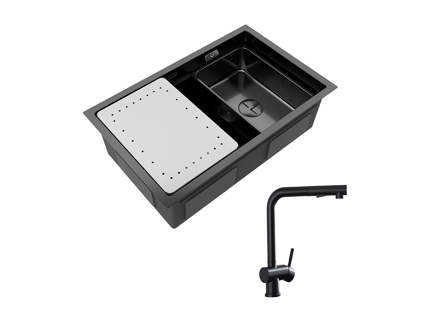 Cecipa max Évier Cuisine 1 Bac 70×44×21CM Évier à Encastrer Noir avec Egouttoir et Vasque + Robinet Douchette Mitigeur avec Douchette Extractible