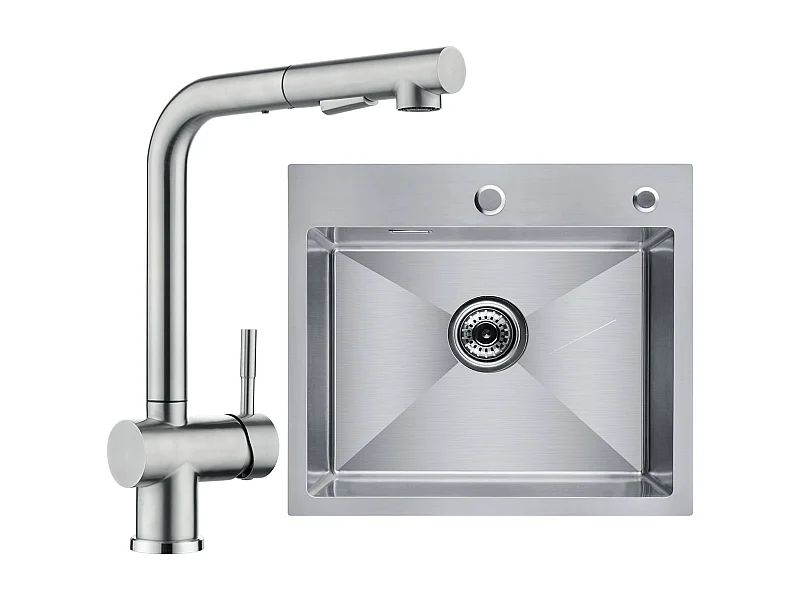 Cecipa max 2 in 1 Geborstelde spoelbak 50 x 45 x 18,5 cm + Geborstelde uittrekbare keukenmixer Met 2 straalsoorten