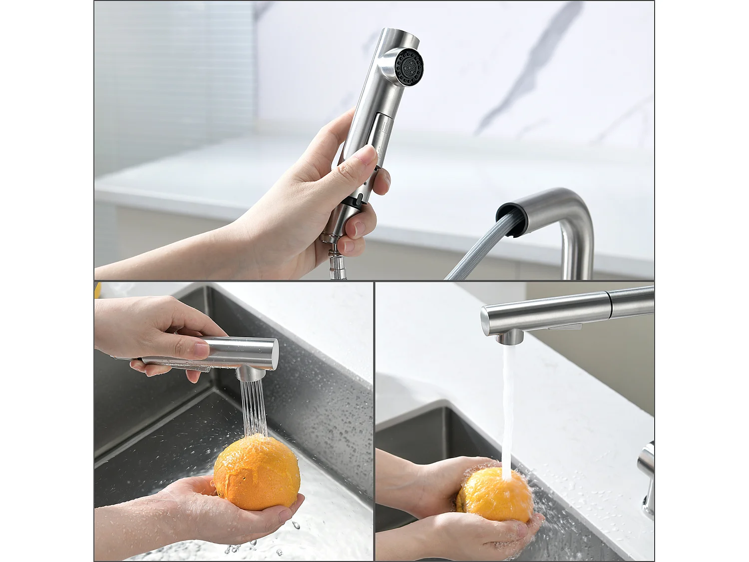 Cecipa max 2 en 1 Évier de cuisine Brossé 50 x 45 x 18,5 cm + Mitigeur de Cuisine Extractible Brossé Avec 2 modes de pulvérisat