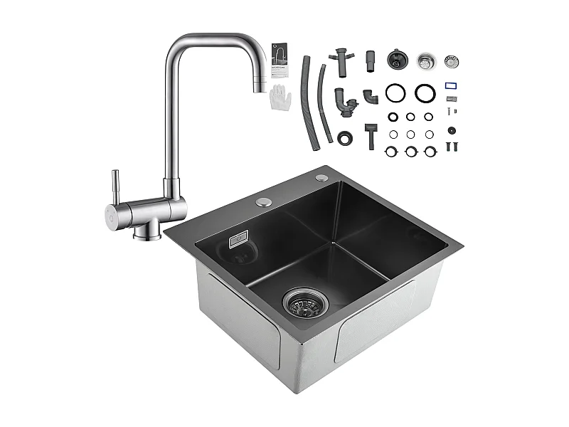 Cecipa max 2 en 1 Évier de Cuisine Inox 1 Bac Noir gris 50 x 45 x 18.5 cm + Robinet de Cuisine Rabattable Mitigeur de Evier Repliable devant Fenêtre