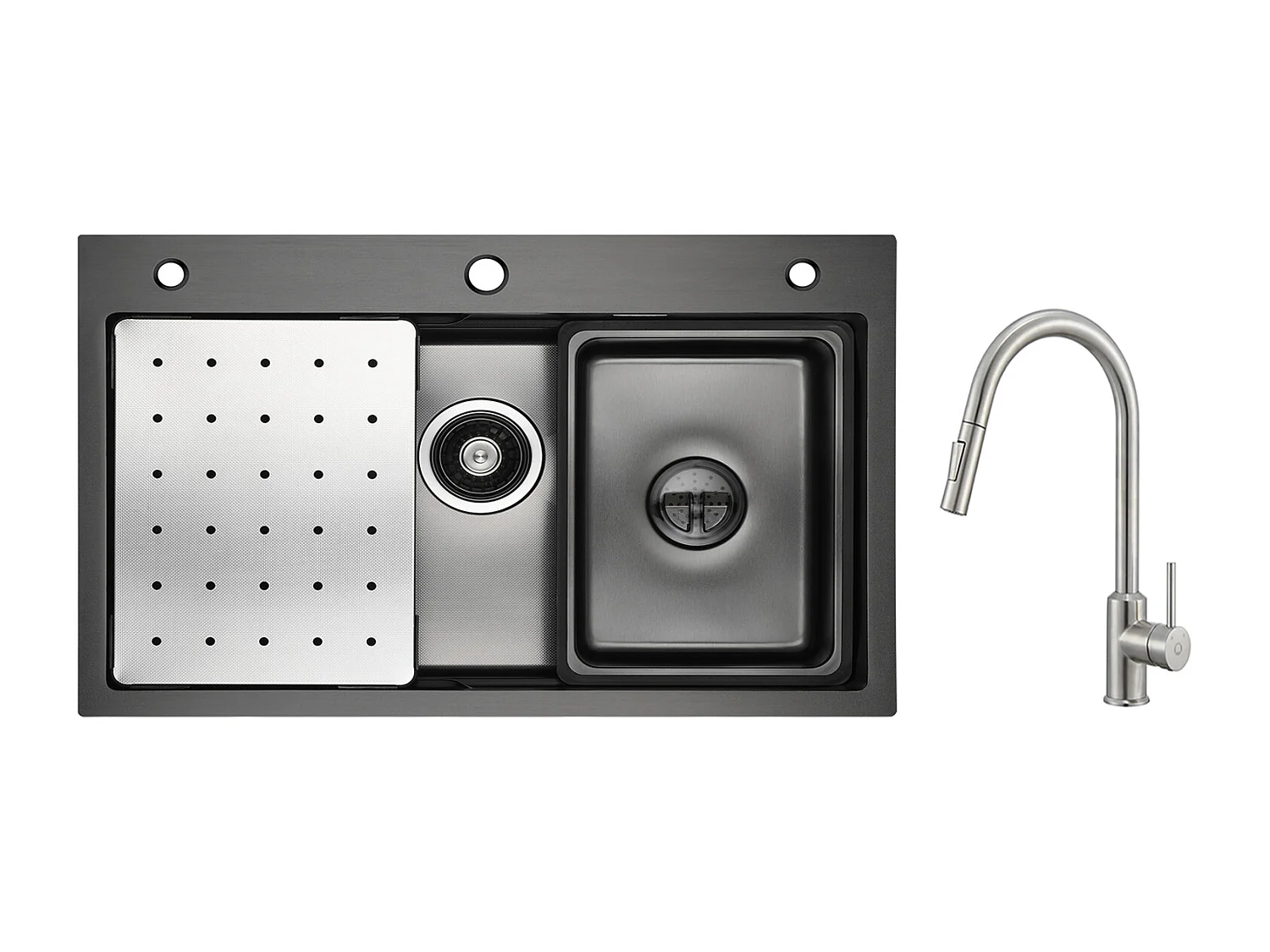 Cecipa max Évier 1 Bac 70×45×21.5CM Noir avec Egouttoir, Vasque et Distributeur de Savon+Mitigeur avec Douchette Extractible 2 Modes de Sortie D'eau