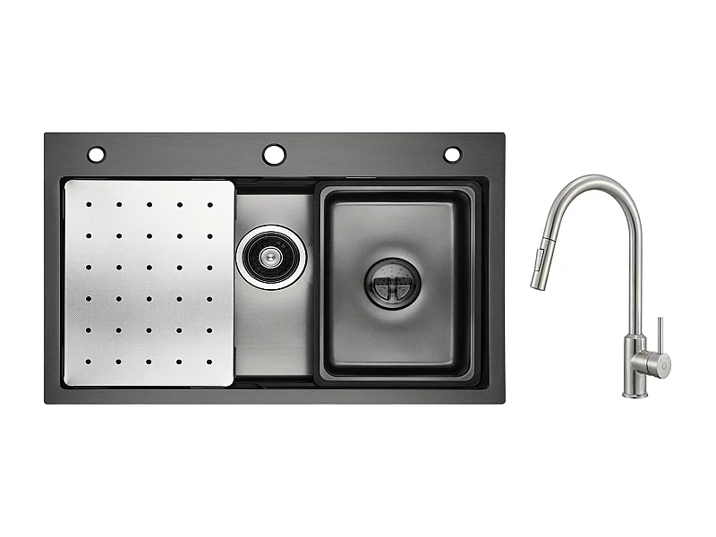 Cecipa max Évier 1 Bac 70×45×21.5CM Noir avec Egouttoir, Vasque et Distributeur de Savon+Mitigeur avec Douchette Extractible 2 Modes de Sortie D'eau