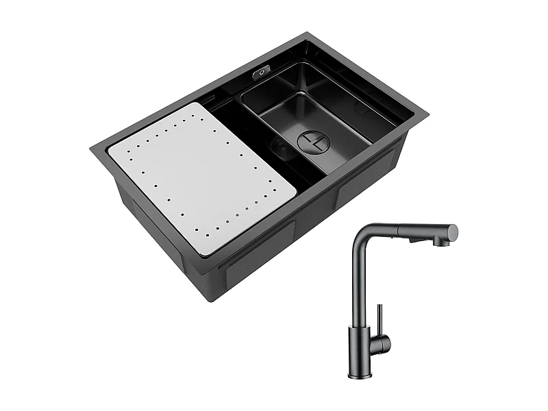 Becken Küchenspüle 70×44×21CM Schwarzes Edelstahlspülbecken mit Abtropffläche und Becken + Küchenmischbatterie mit ausziehbarer Brause