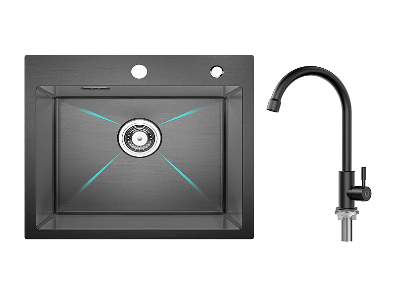 Cecipa MAX Fregadero de Cocina 1 Tazón 50 × 45 × 18,5 CM Fregadero de Acero Inoxidable Negro + Grifo de Cocina de Agua fría, Negro