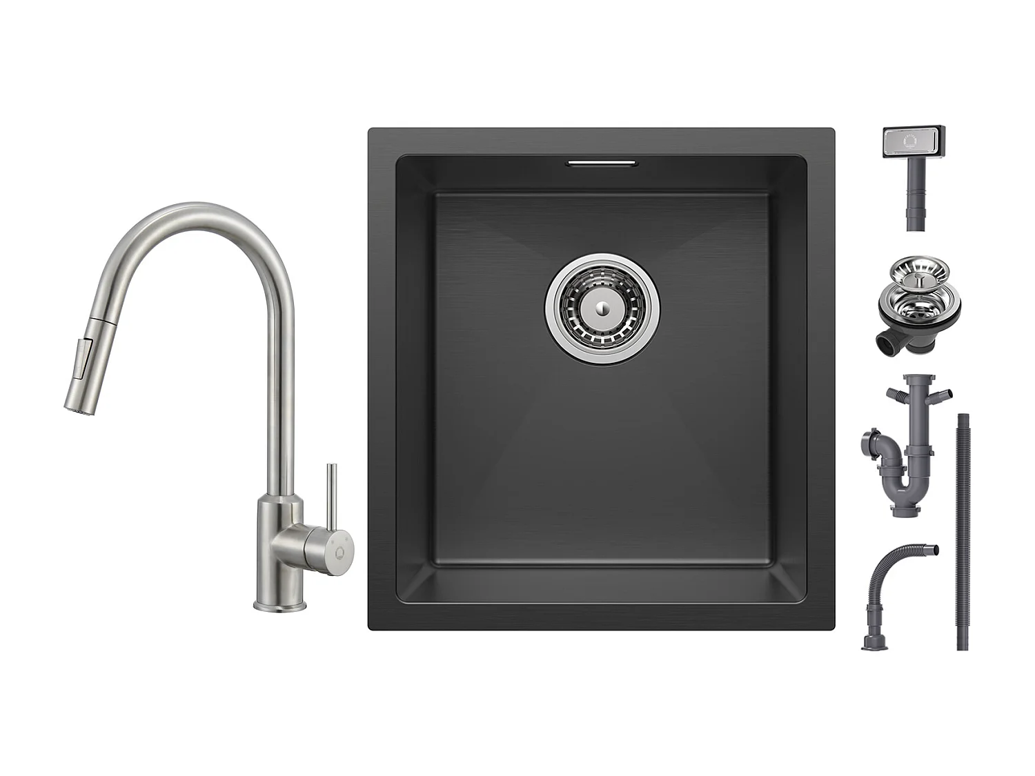 Lavello Cecipa max Incasso Inox 40*44*19 cm - Lavello 1 Vasca Nero + Miscelatore Cucina con Doccetta Estraibile con 2 Modalità di Uscita Acqua