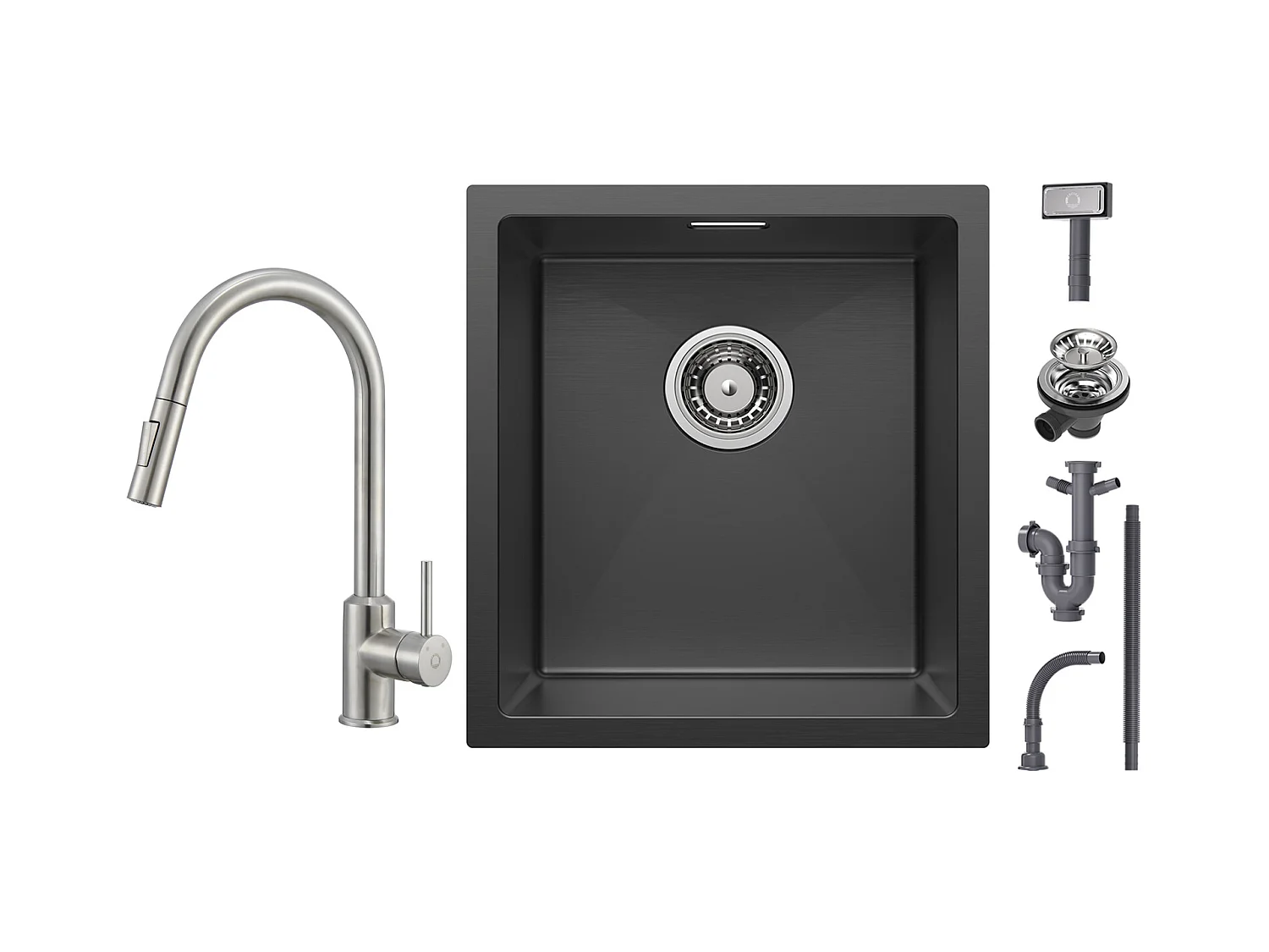 Cecipa max Inbouwspoelbak RVS 40*44*19 cm - 1 spoelbak Zwart + Keukenmengkraan met uittrekbare sproeikraan met 2 waterafvoermodi