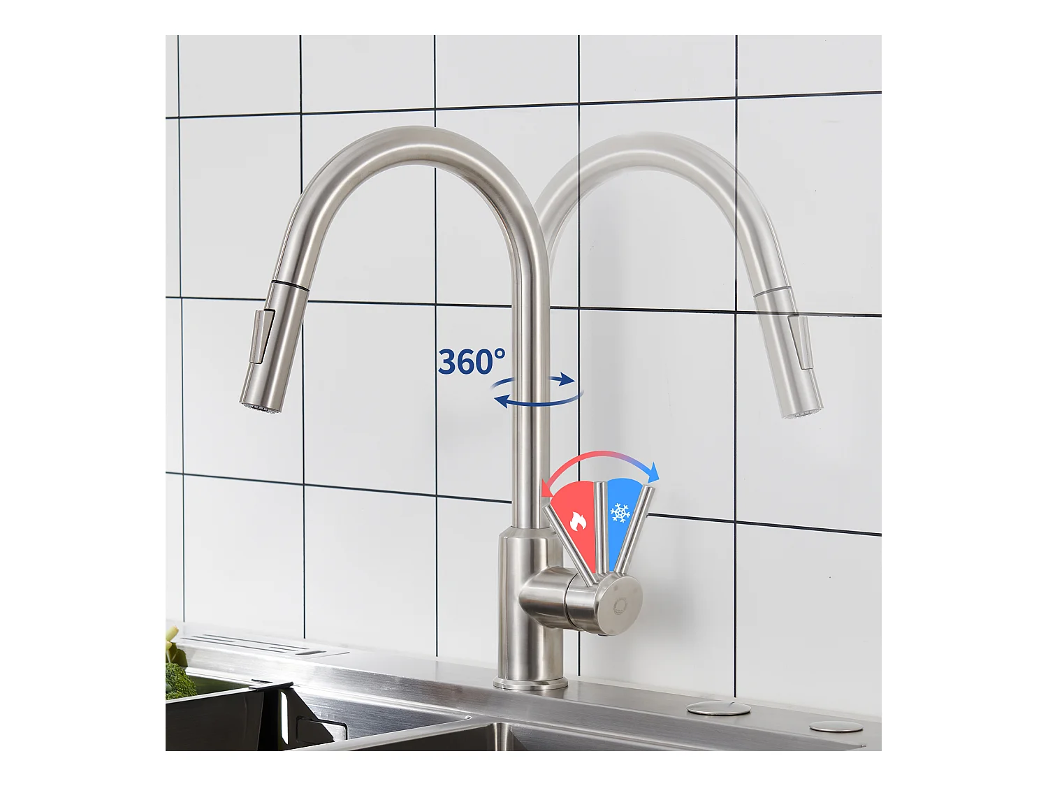 Cecipa max Inbouwspoelbak RVS 40*44*19 cm - 1 spoelbak Zwart + Keukenmengkraan met uittrekbare sproeikraan met 2 waterafvoermodi