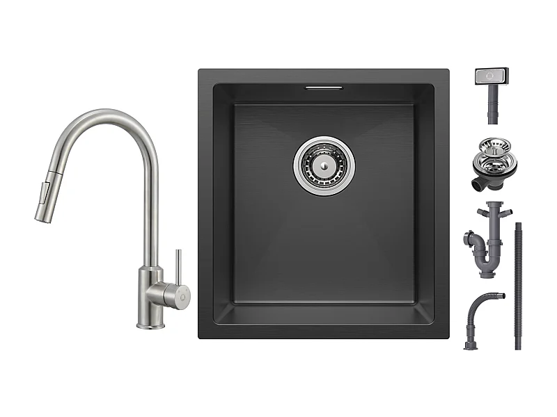 Cecipa max Inbouwspoelbak RVS 40*44*19 cm - 1 spoelbak Zwart + Keukenmengkraan met uittrekbare sproeikraan met 2 waterafvoermodi