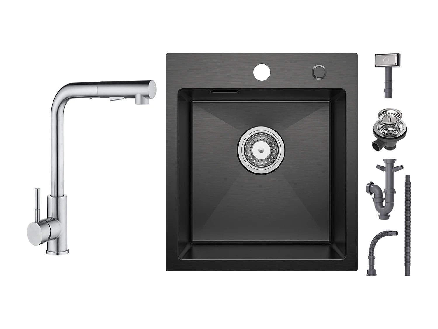 Cecipa max Evier Cuisine 1 Bac Noir 40*45*19CM - Évier Inox 1 Cuve + Mitigeur Cuisine Brossé avec Douchette Extractible - 2 Jets aux Choix