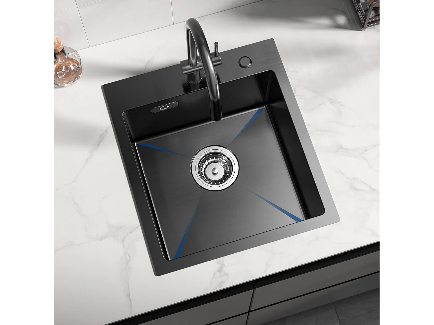 Cecipa max Evier Cuisine 1 Bac Noir 40*45*19CM - Évier Inox 1 Cuve + Mitigeur Cuisine Brossé avec Douchette Extractible - 2 Jets aux Choix