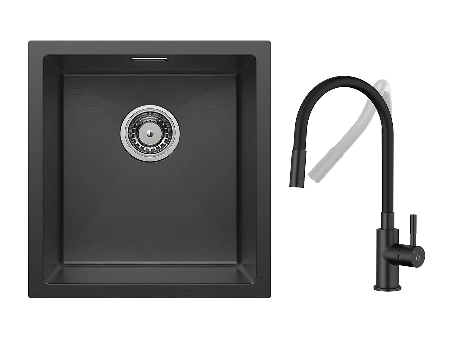 CECIPA MAX Évier 1 Bac en Acier Inoxydable Noir Évier Encastré 40*44cm + Flexible Mitigeur de Cuisine, 2 Types de Jets  Robinet Extractible Noir