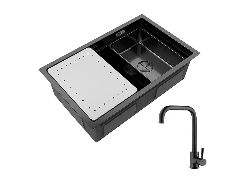 Évier Cuisine 1 Bac 70×44×21CM Évier Inox Noir avec Egouttoir et Vasque + Mitigeur de Cuisine en Inox Noir étoilé avec Bec Haut et Incurvé