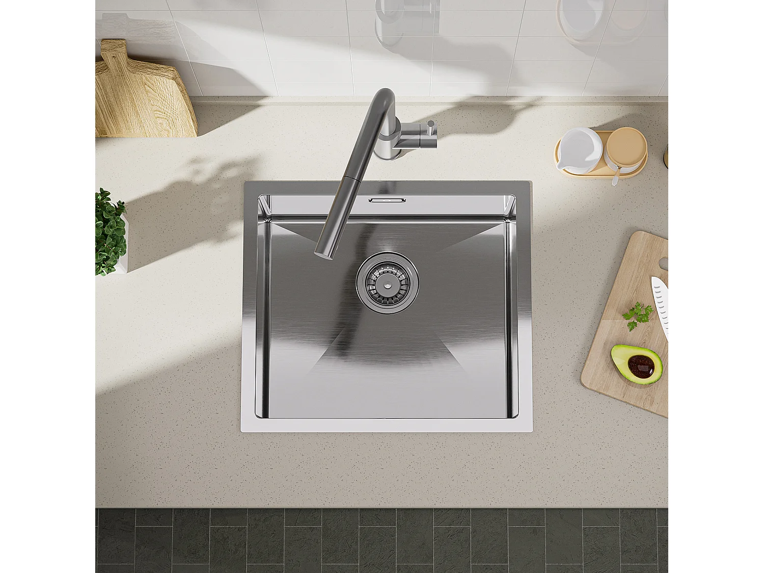 Cecipa max 1 Becken Küchenspüle 50x44x18 cm + Seifenspender - Edelstahl Küchenspüle - Gebürstete Einbauspüle