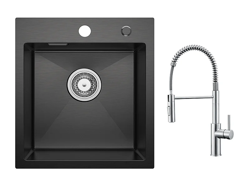 Cecipa max Evier de Cuisine Noir 40*45CM - Évier Inox 1 Bac avec Siphon et Trop-Plein + Mitigeur Cuisine à Ressort Brossé avec Douchette Extractible