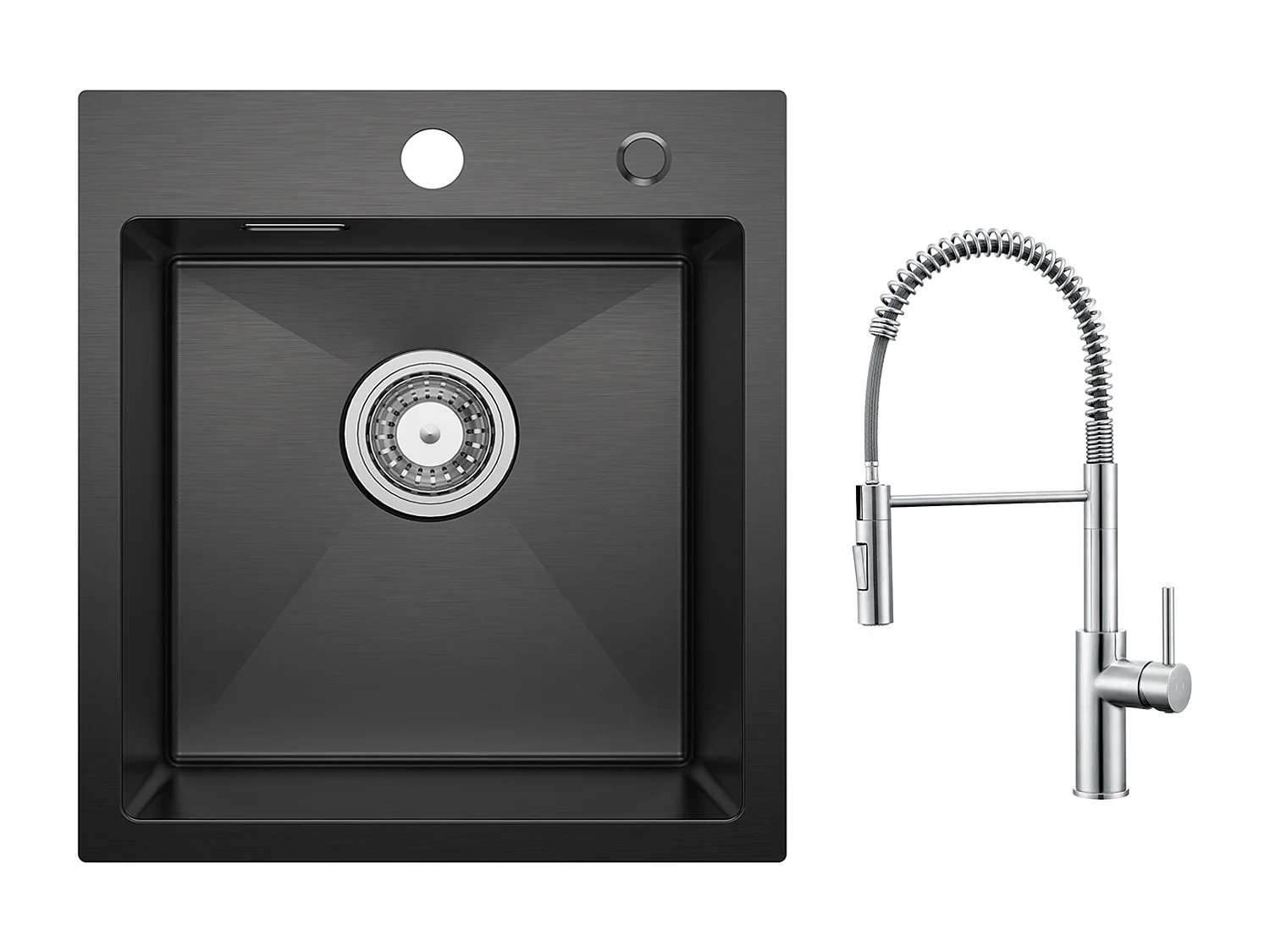 Cecipa max Evier de Cuisine Noir 40*45CM - Évier Inox 1 Bac avec Siphon et Trop-Plein + Mitigeur Cuisine à Ressort Brossé avec Douchette Extractible