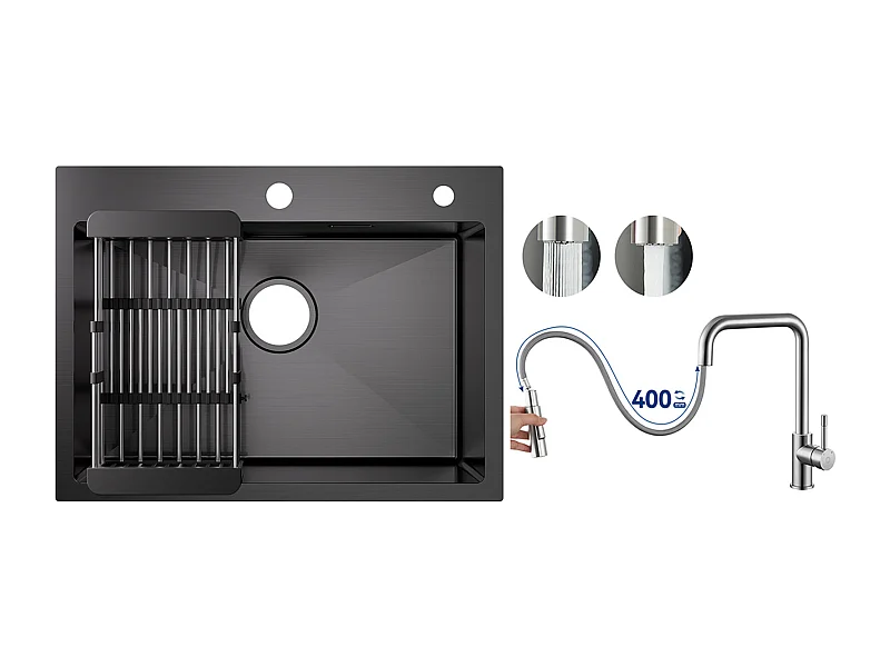 Évier Cuisine 1 Bac 60×45×18CM Évier Inox Noir avec Panier de Drainage + Mitigeur avec Douchette Extractible, Brossé