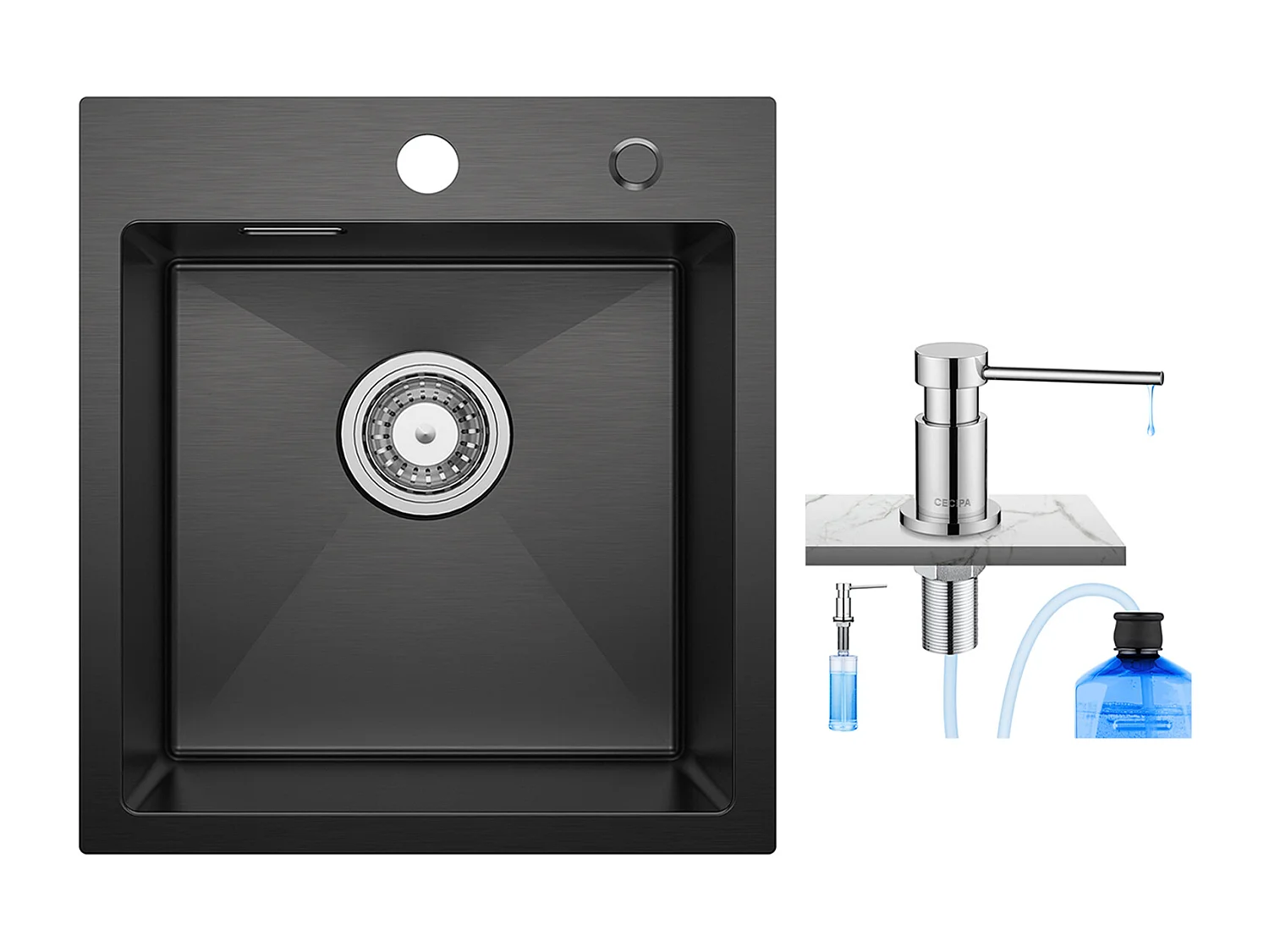 Aanrecht 1 Kom Zwart Antraciet 40*45*19CM - RVS Spoelbak 1 Kom Aanrecht + 300ML Chrome Keukenzeepdispenser