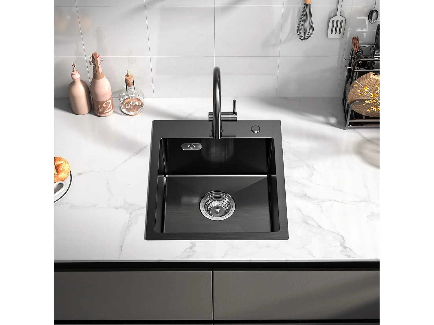 Aanrecht 1 Kom Zwart Antraciet 40*45*19CM - RVS Spoelbak 1 Kom Aanrecht + 300ML Chrome Keukenzeepdispenser