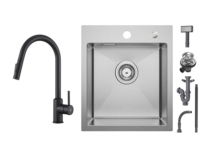 Cecipa max Évier Cuisine 1 Bac 40 × 45 cm Évier Inox Brossé 1 Cuve + Mitigeur de Cuisine avec Douchette Extractible - Noir - Rotatif à 360 °