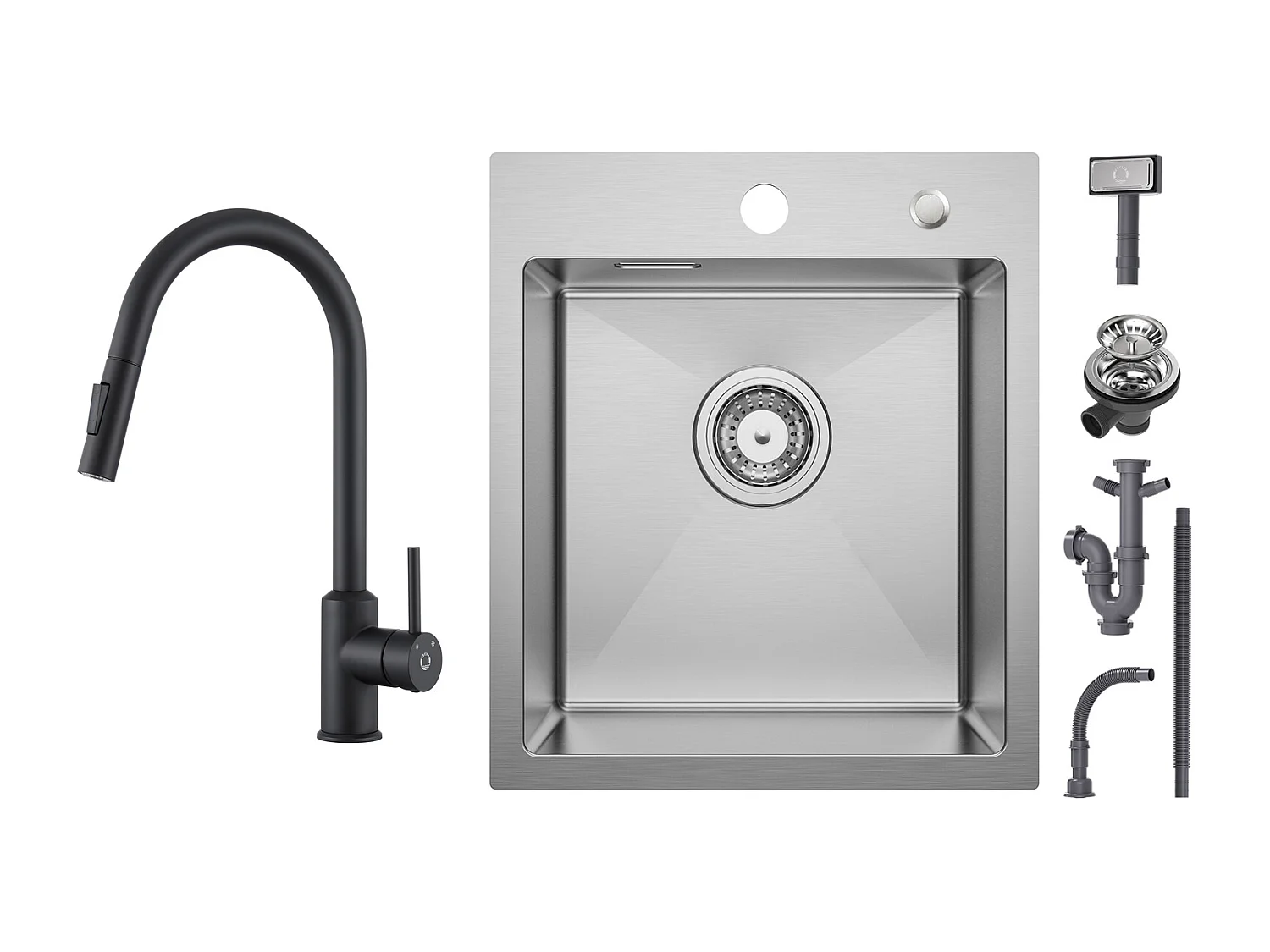 Cecipa max Évier Cuisine 1 Bac 40 × 45 cm Évier Inox Brossé 1 Cuve + Mitigeur de Cuisine avec Douchette Extractible - Noir - Rotatif à 360 °