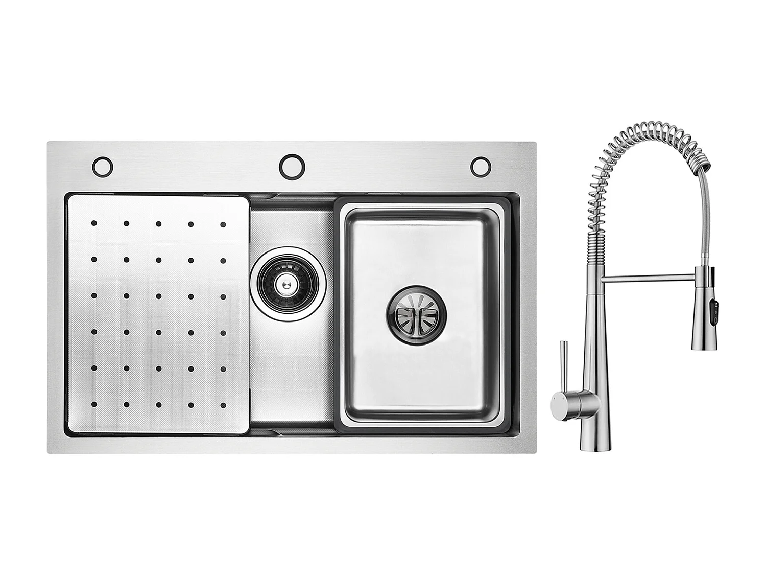 Cecipa max Évier Inox 70×45×CM avec Egouttoir, Vasque et Distributeur de Savon + Mitigeur de Cuisine à Ressort avec 3 Modes de Sortie D'eau, Brossé