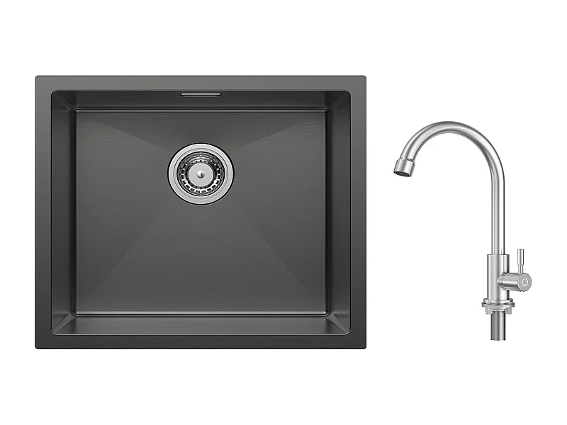 CECIPA MAX Évier de Cuisine 1 Bac Évier Inox 50*44CM Noir Anthracite + Robinet de Cuisine à eau Froide,Brossé