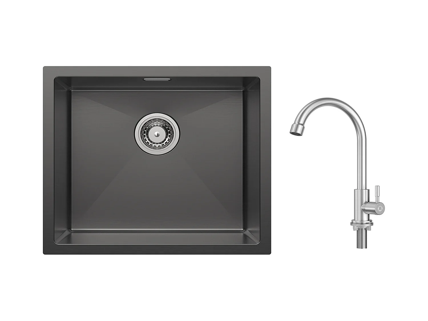 CECIPA MAX 1 Becken Küchenspüle Edelstahlspüle 50*44CM Anthrazit Schwarz + Kaltwasser Küchenarmatur, Gebürstet