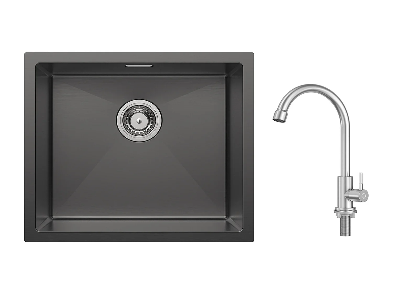 CECIPA MAX 1 Becken Küchenspüle Edelstahlspüle 50*44CM Anthrazit Schwarz + Kaltwasser Küchenarmatur, Gebürstet