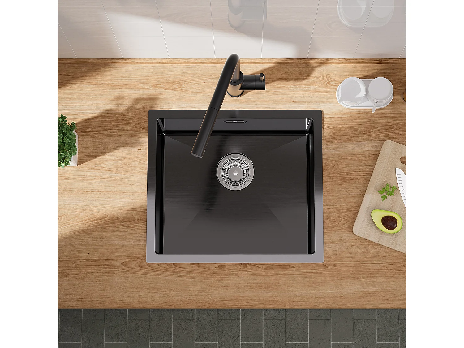 CECIPA MAX 1 Becken Küchenspüle Edelstahlspüle 50*44CM Anthrazit Schwarz + Kaltwasser Küchenarmatur, Gebürstet