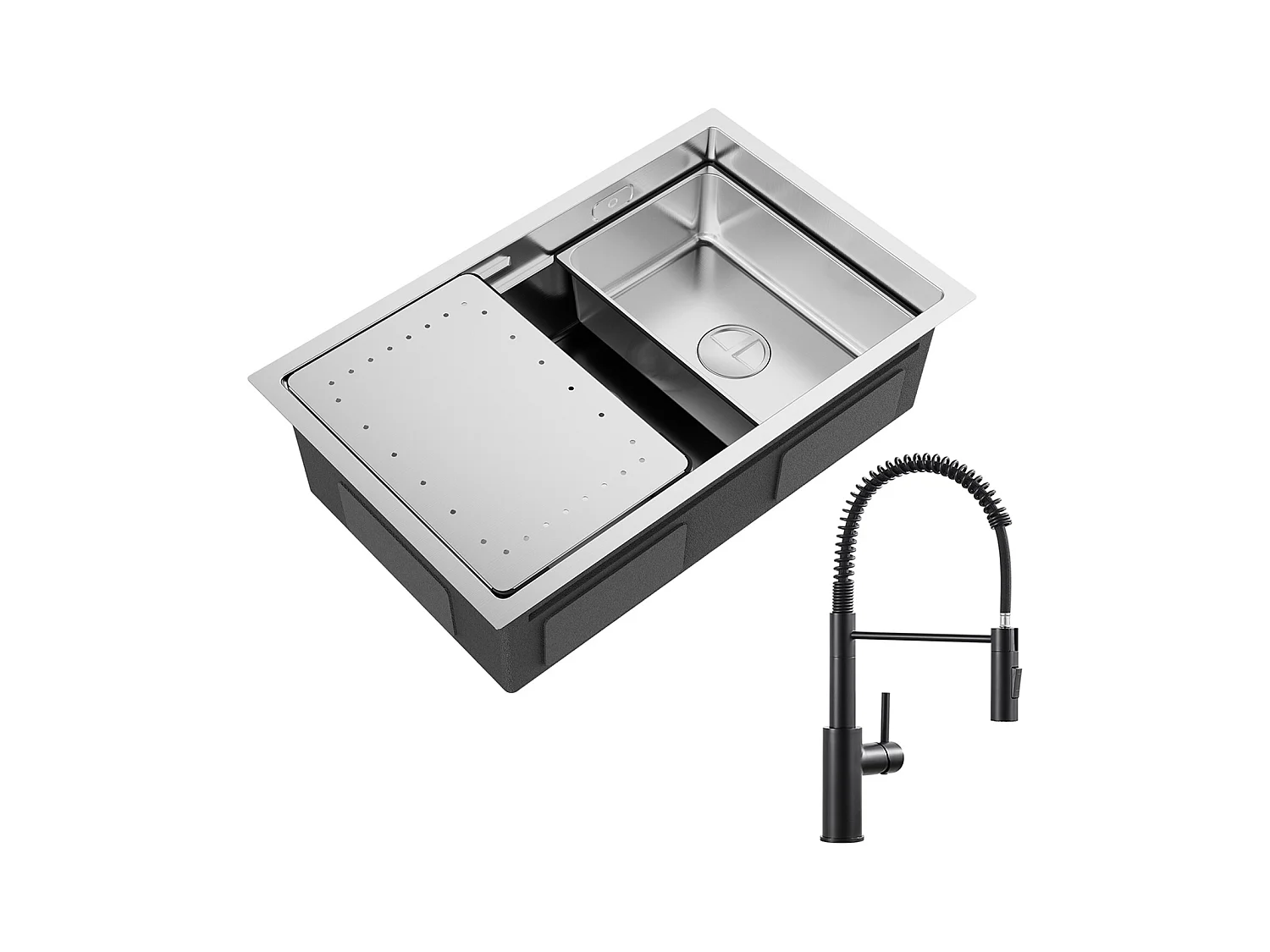 Lavello Cucina Cecipa max 1 Vasca 70×44 cm Lavello Incasso Acciaio Inox Spazzolato con Gocciolatoio e Vasca + Miscelatore Molla Nero con Doccia Estraibile