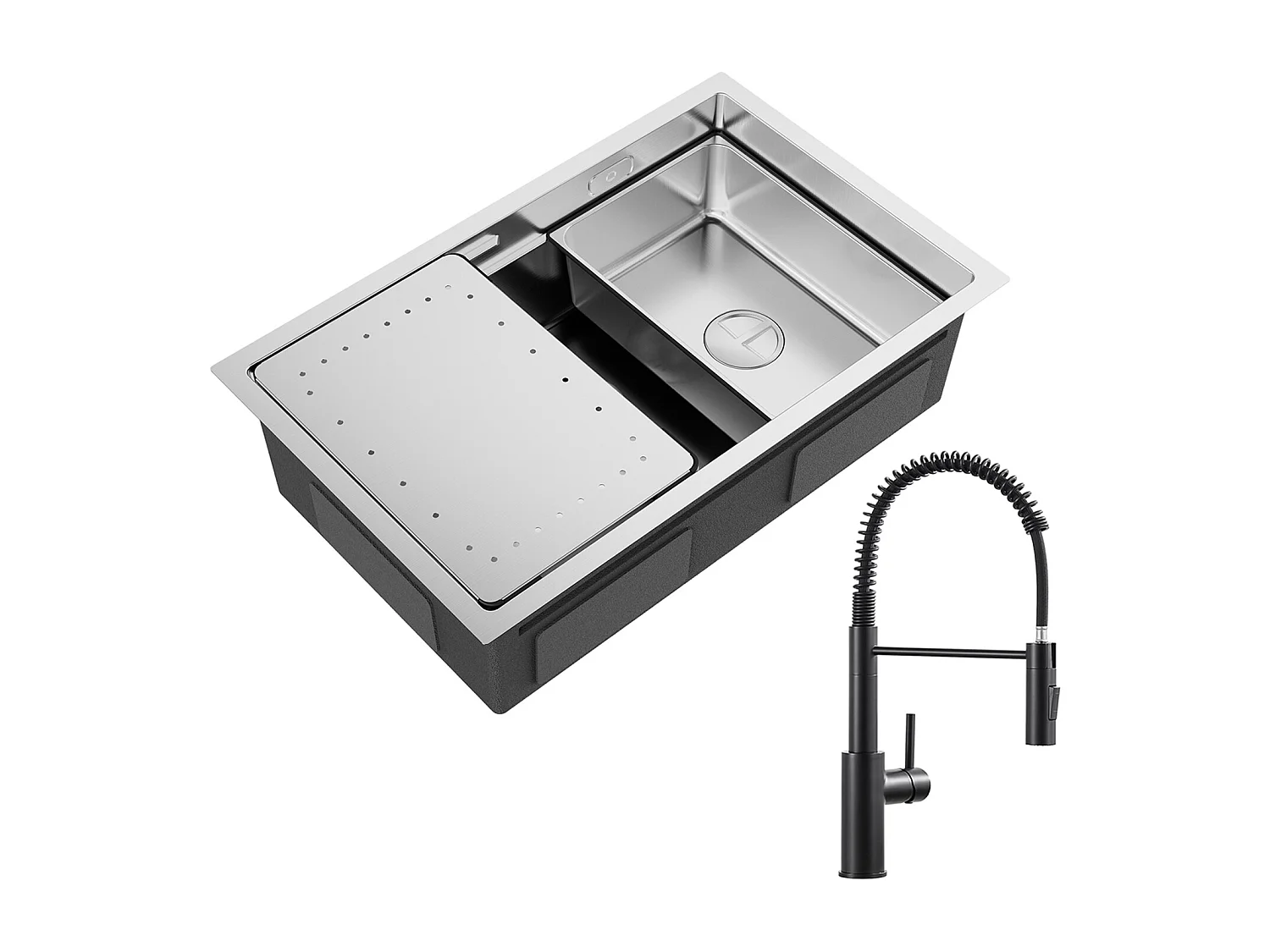 Lavello Cucina Cecipa max 1 Vasca 70×44 cm Lavello Incasso Acciaio Inox Spazzolato con Gocciolatoio e Vasca + Miscelatore Molla Nero con Doccia Estraibile