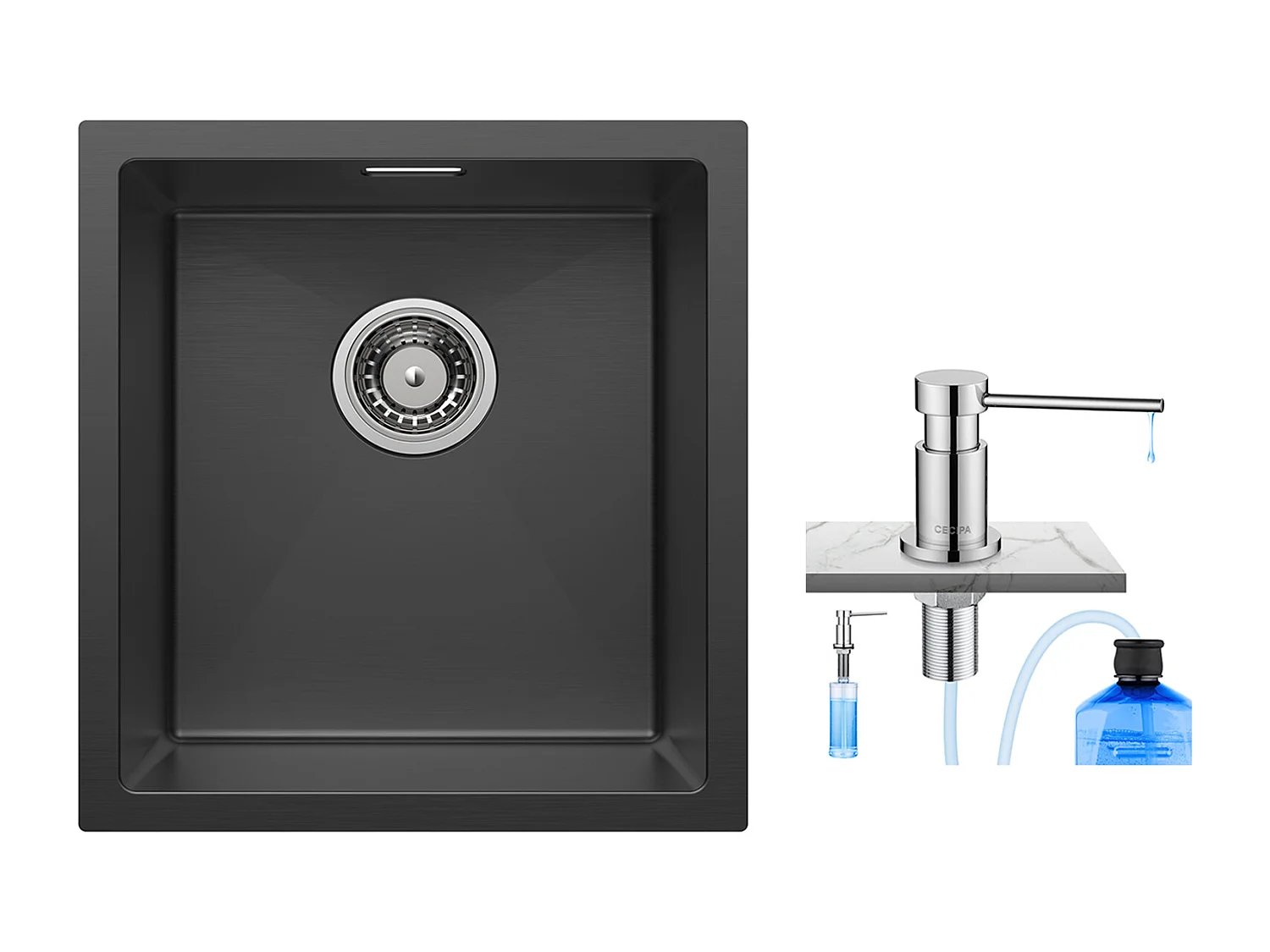 CECIPA MAX Évier Inox Encastré 40*44*19 cm Évier 1 Bac Évier de Cuisine Noir + 300ML Distributeur de Savon de Cuisine Chromé