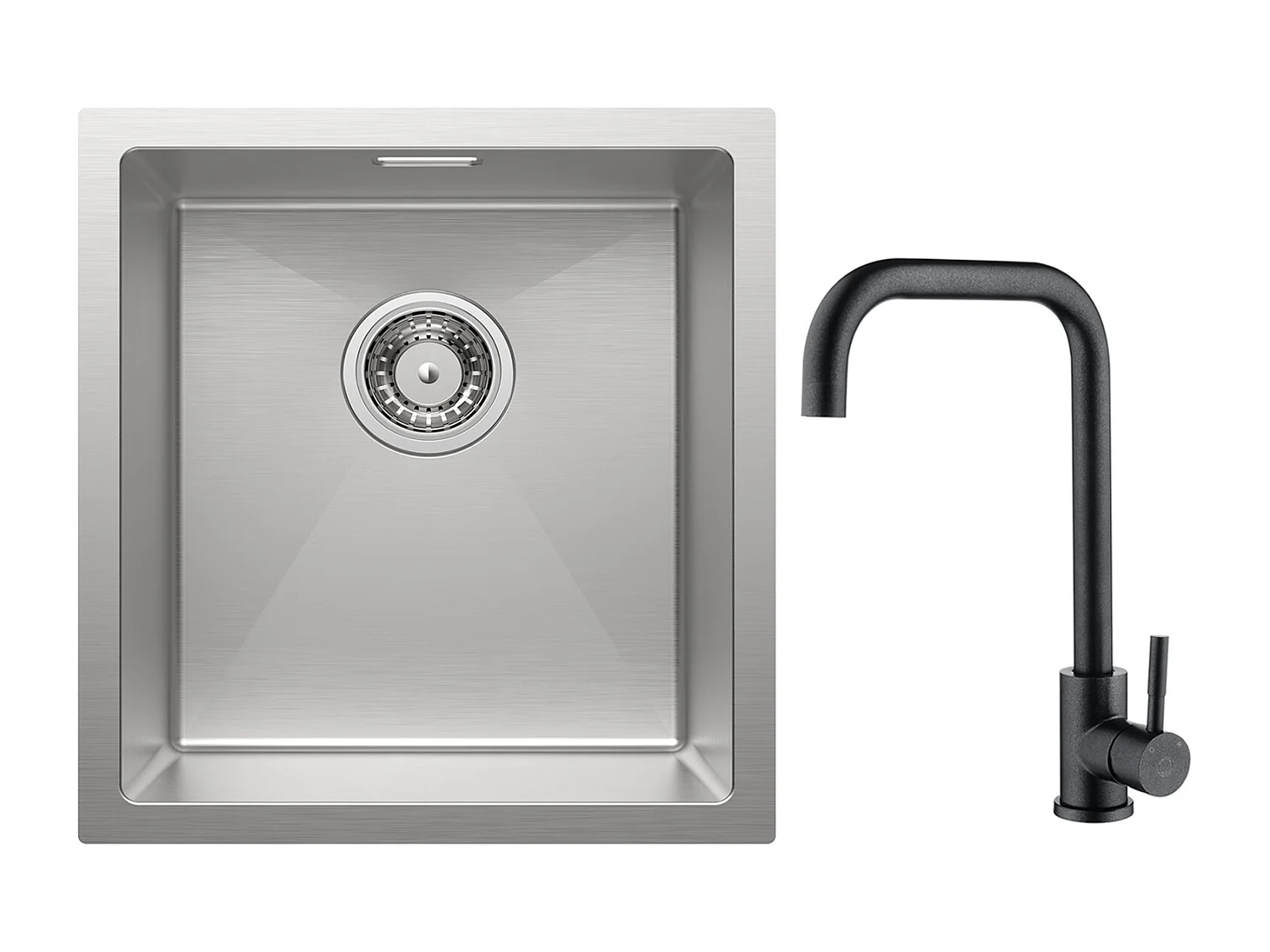 Cecipa MAX Einzelbecken Küchenspüle 40x44x19 cm Spüle aus gebürstetem Edelstahl + Star Black Küchenarmatur aus Edelstahl mit hohem gebogenem Auslauf