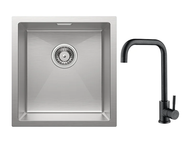 Cecipa MAX Einzelbecken Küchenspüle 40x44x19 cm Spüle aus gebürstetem Edelstahl + Star Black Küchenarmatur aus Edelstahl mit hohem gebogenem Auslauf