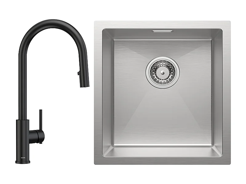 CECIPA MAX  Évier 1 Bac 50*44cm Évier de Cuisine en Inox Brossé + Mitigeur de Cuisine Avec Douchette Extractible, 2 Modes de Sortie D'eau, Noir