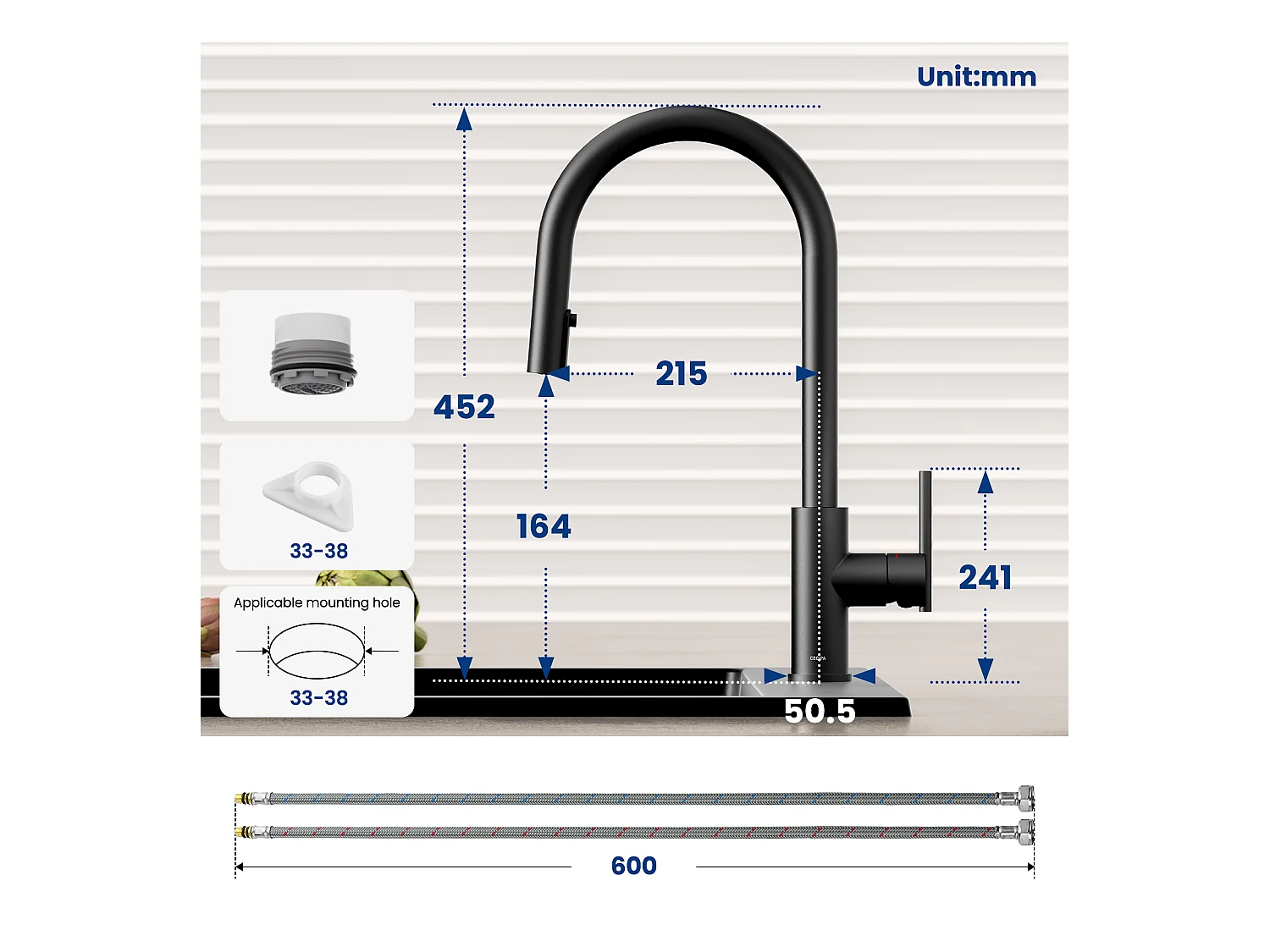 CECIPA MAX Einzelspüle, 50 x 44 cm, Küchenspüle aus gebürstetem Edelstahl + Küchenmischbatterie mit ausziehbarer Brause, 2 Wasserauslassmodi, Schwarz