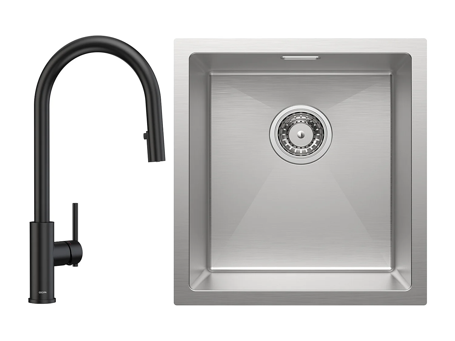 CECIPA MAX  Évier 1 Bac 50*44cm Évier de Cuisine en Inox Brossé + Mitigeur de Cuisine Avec Douchette Extractible, 2 Modes de Sortie D'eau, Noir