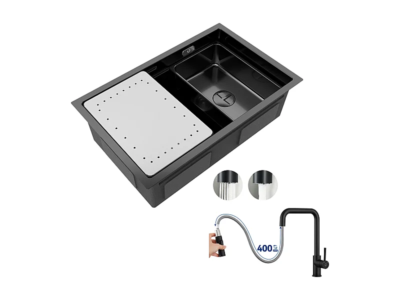 Évier Cuisine 1 Bac 70×44×21CM Évier Inox Noir avec Egouttoir et Vasque + Mitigeur avec Douchette Extractible, Noir