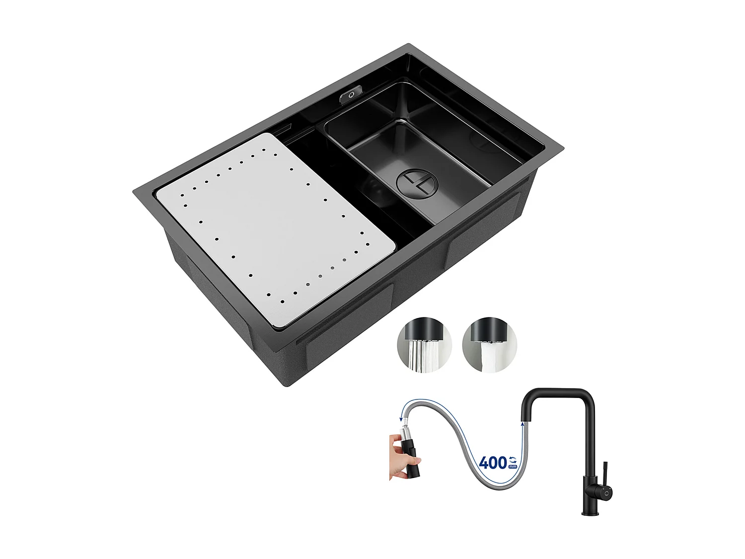 Évier Cuisine 1 Bac 70×44×21CM Évier Inox Noir avec Egouttoir et Vasque + Mitigeur avec Douchette Extractible, Noir