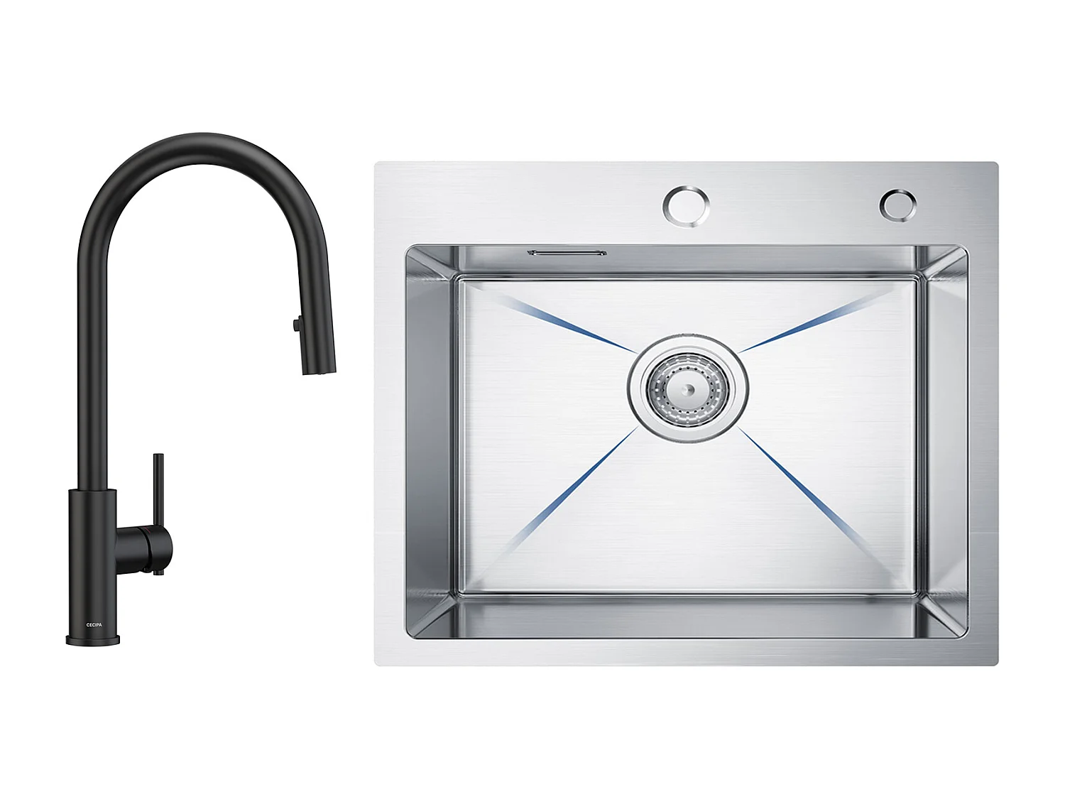 Évier Inox Évier Cuisine 1 Bac 50 × 45 cm Évier de Cuisine Brossé + Mitigeur de Cuisine Avec Douchette Extractible, 2 Modes de Sortie D'eau, Noir