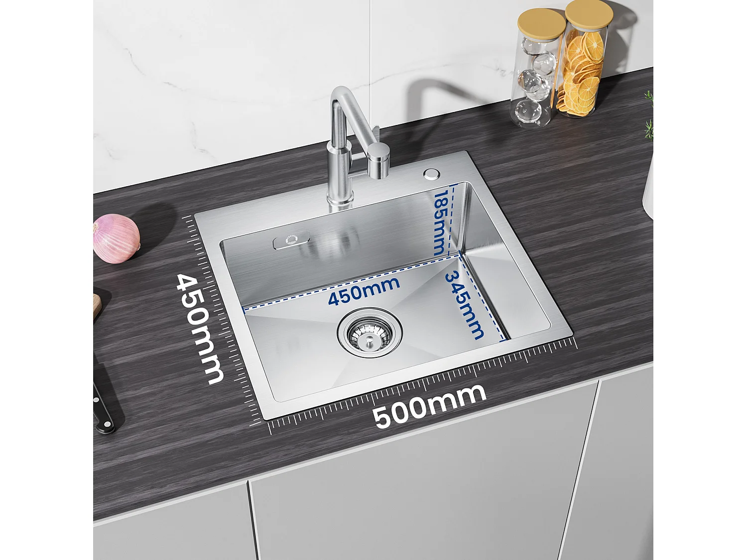 Évier Inox Évier Cuisine 1 Bac 50 × 45 cm Évier de Cuisine Brossé + Mitigeur de Cuisine Avec Douchette Extractible, 2 Modes de Sortie D'eau, Noir