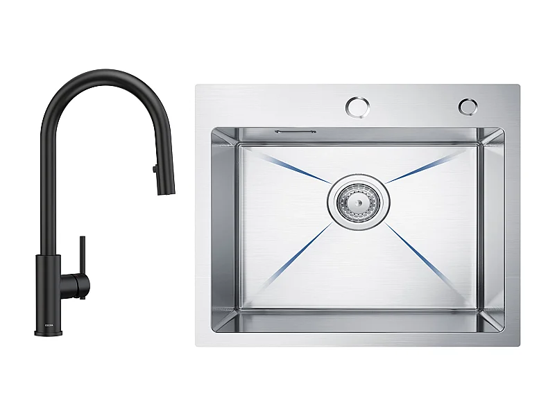 Roestvrijstalen spoelbak 1 bak spoelbak 50 × 45 cm geborstelde spoelbak + keukenmengkraan met uittrekbare straal, 2 waterafvoermodi, zwart