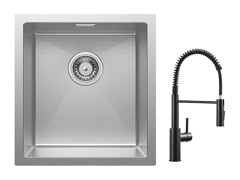 Fregadero empotrado de acero inoxidable Cecipa max, fregadero de cocina de 1 seno cepillado de 40x44cm + mezclador de cocina de resorte negro con rociador extraíble